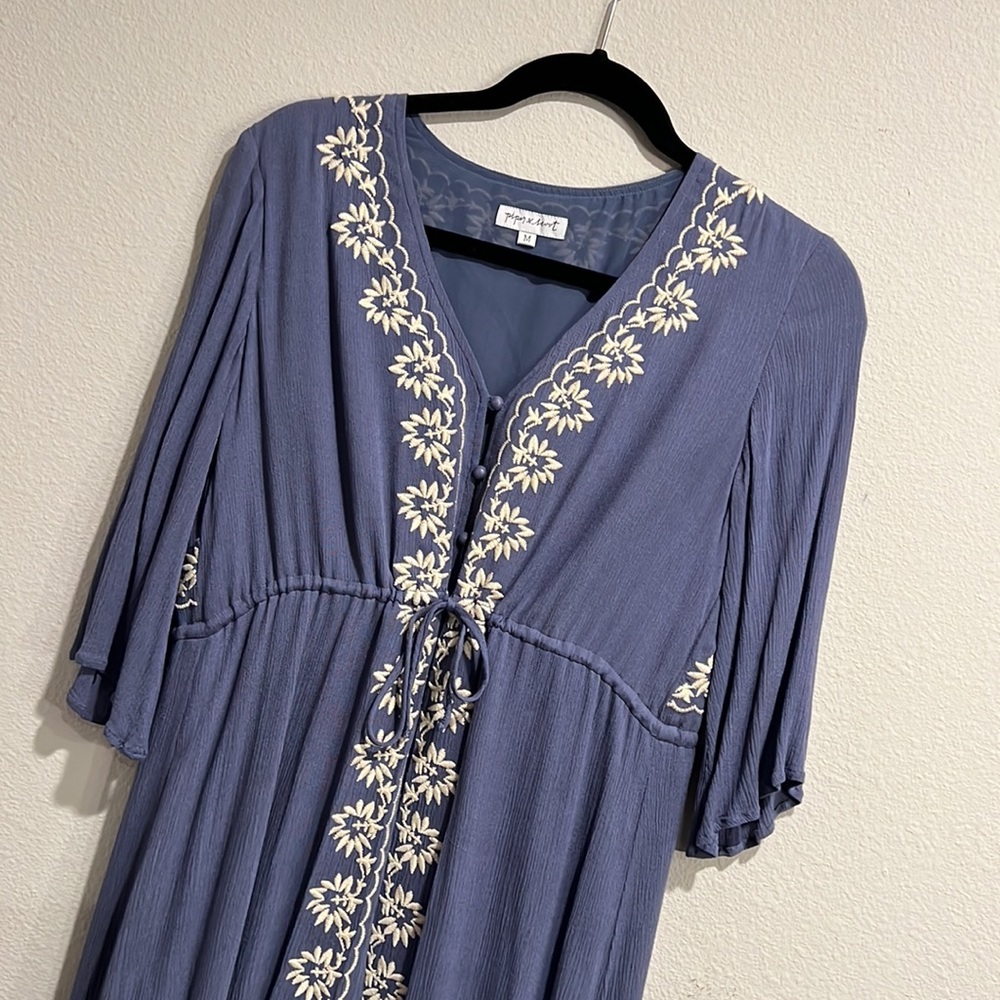 Piper & Scoot Dusty Blue Embroidered Midi Dress